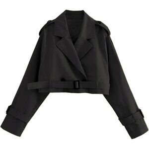 Women's Cropped Bike Jacket Casual Double Breasted Trench Coat with Belt Black